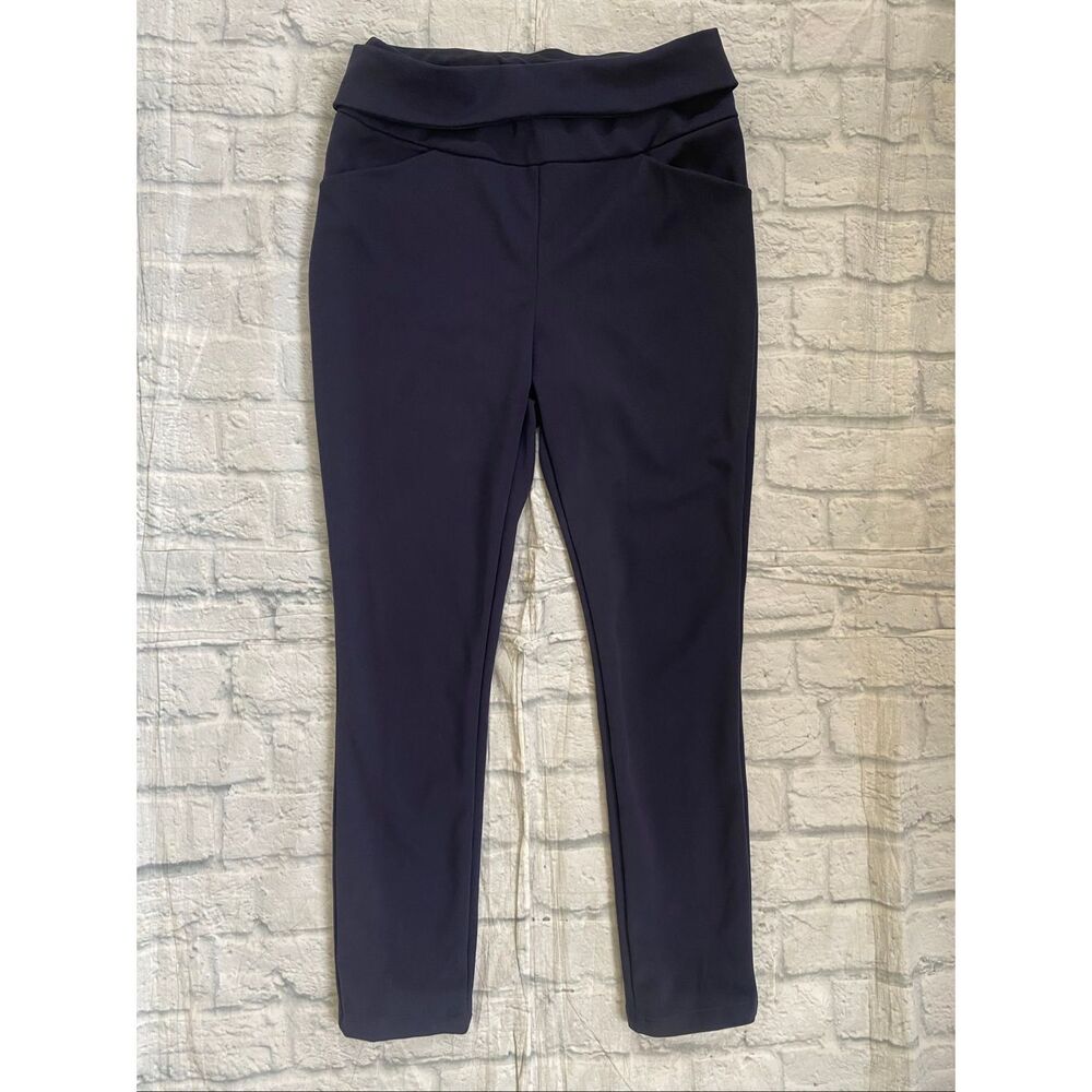 Express women M pull on skinny pants w/attached belt & front pockets navy blue